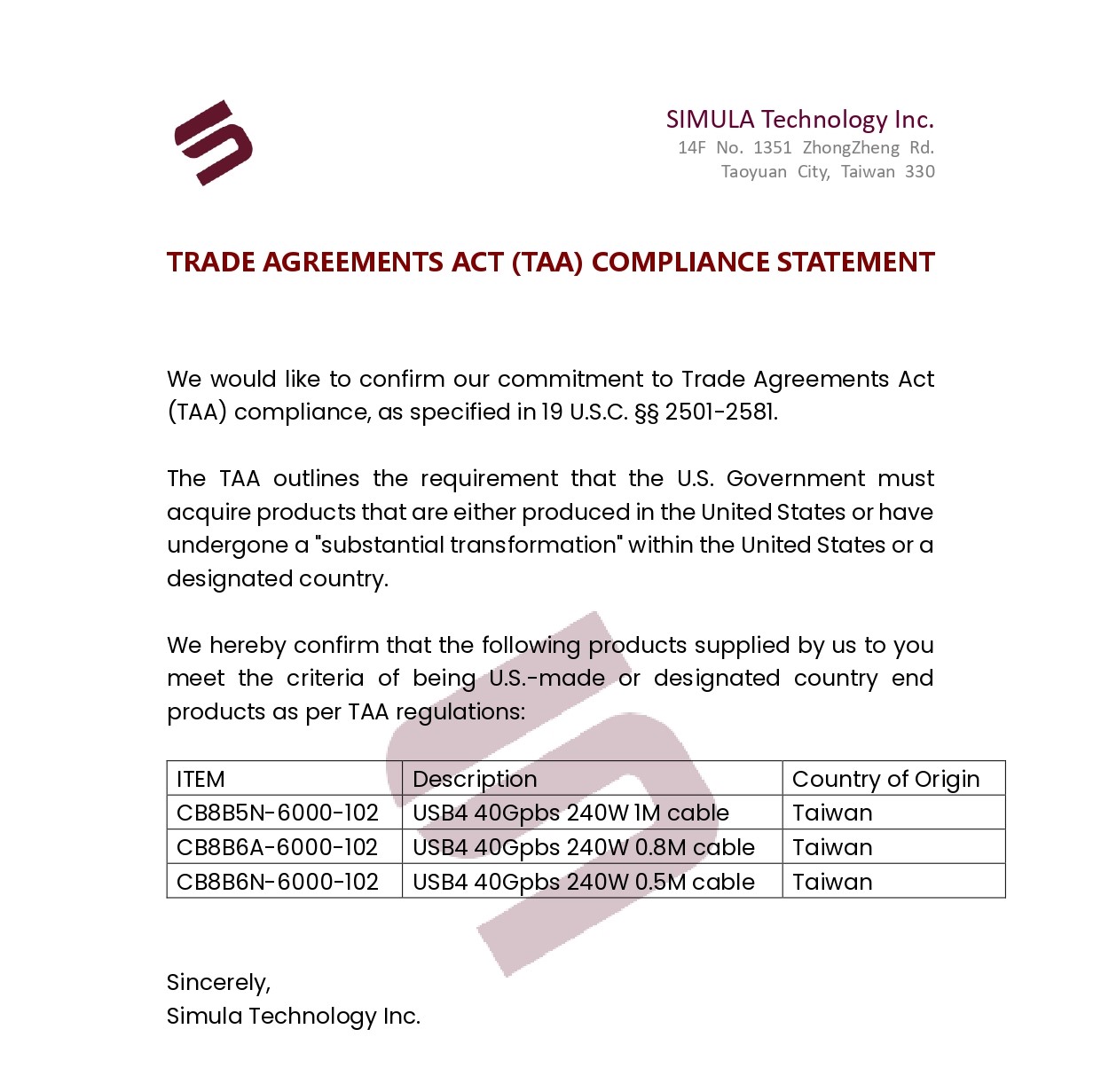 TRADE AGREEMENTS ACT (TAA) COMPLIANCE STATEMENT